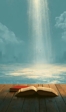 Title
Fondo Elegante para Cartel de Estudio B&iacute;blico con la Biblia Abierta y Cruz sobre Fondo de Nubes y Espacio para Texto