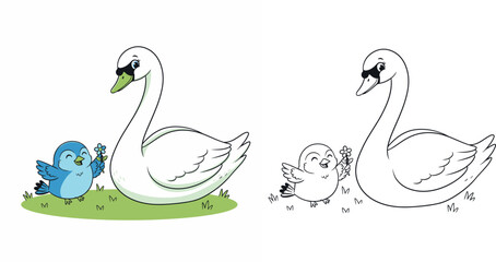 Cute Swan and Baby Bird coloring page © Sumon555