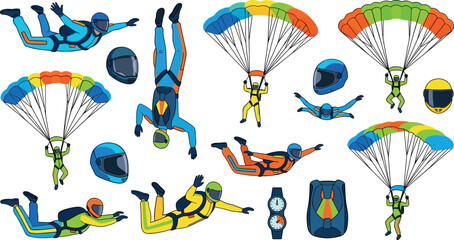 Skydiving and Parachuting Vector Icon Set with Skydivers in Freefall Extreme Sports Equipment Helmets and Colorful Parachutes for Extreme Adventure Designs © RUBINA