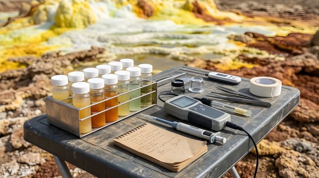 Close Up of Scientific Field Equipment and Sample Analysis in Dallol Ethiopia