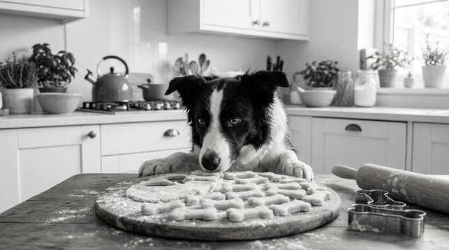 A Border Collie dog eagerly looking at freshly baked bone-shaped treats on a cutting board in a kitchen.