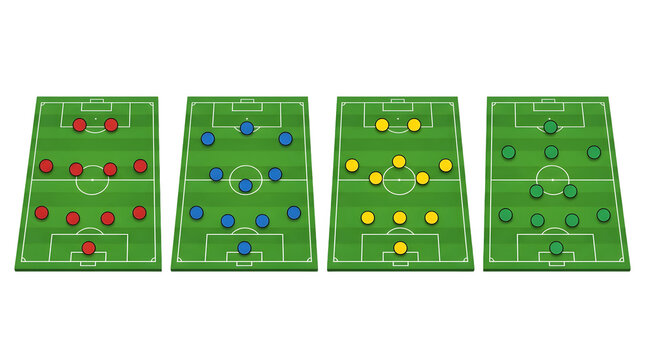 Set of four different football soccer team formations on green pitch isolated on transparent background