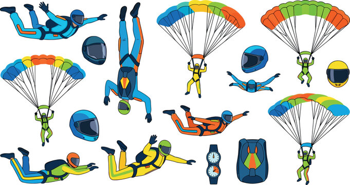 Skydiving and Parachuting Vector Icon Set with Skydivers in Freefall Extreme Sports Equipment Helmets and Colorful Parachutes for Extreme Adventure Designs