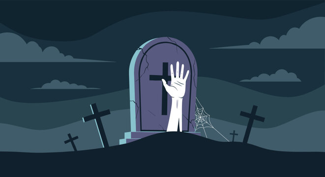 Spooky hand reaching out from a grave in a dark cemetery at night with silhouettes of crosses and a full moon for Halloween.
