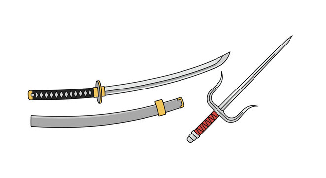 Traditional Japanese martial arts weapons featuring a curved katana sword with its scabbard and a pair of pointed metal sai daggers for training.