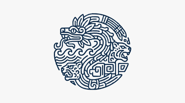 Aztec Inspired Circular Emblem with Dragon and Jaguar Faces.