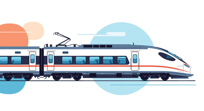 Modern high-speed electric passenger train traveling quickly on a white background with abstract geometric shapes and blue circles for transit.