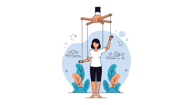 Conceptual illustration of a woman being controlled as a puppet by a giant hand holding strings in a blue decorative background with plants.