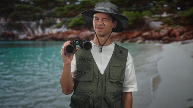 Man holding binoculars and winking, wearing hat and vest on a forest beach shoreline with turquoise water; curiosity adventure.