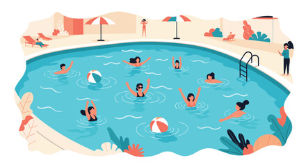 Naklejka premium Diverse group of people enjoying a sunny day by swimming and playing with beach balls in a large refreshing outdoor swimming pool.