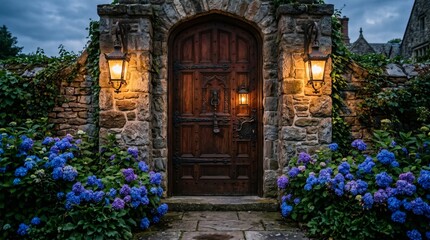 Naklejka premium Enchanted Stone Doorway with Vibrant Flowers and Lanterns