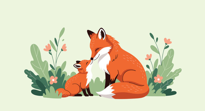 Sweet illustration of a red fox mother and her young cub nuzzling each other affectionately in a lush green flower garden.