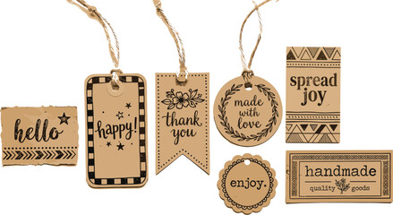 Rustic Kraft Paper Gift Tags Vector Set with Handmade Labels, Twine Strings, and Hand Lettered Greetings for Product Packaging, Crafting, and Celebration Stationery Designs © Sohel