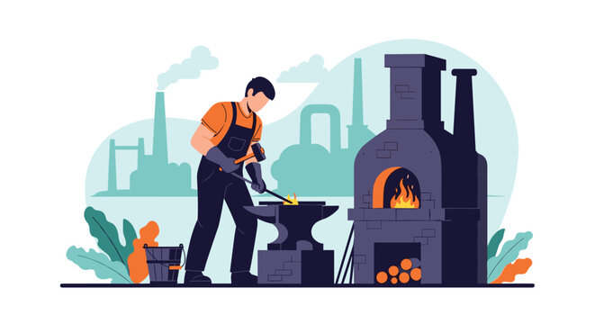 Strong blacksmith using a hammer to forge metal on an anvil with a hot glowing furnace and industrial background silhouettes.