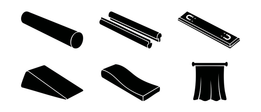 Isometric black vector icons set showing industrial components, sliding rails, foam roller, magnetic strip, wedge ramp, wave block, and hanging curtain isolated on a clean white background. 3D view.