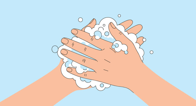Close up view of hands being thoroughly washed with white soap bubbles to maintain personal hygiene and prevent germ spread.