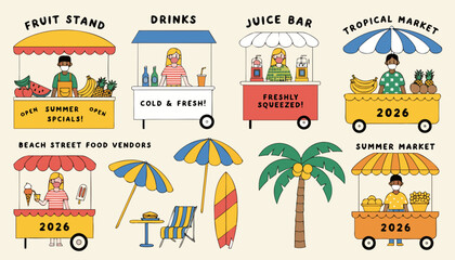 Street food vendors with fruit stands and refreshment stalls on beautiful sunny beach day. © Sorna Moni