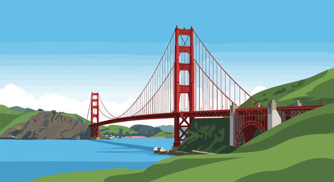 Iconic view of the red Golden Gate Bridge spanning across the blue water with green hills and white clouds in the distance.