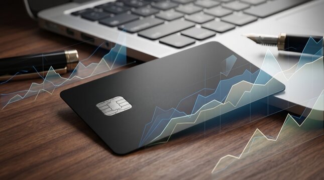 Blank black credit card on wooden desk with laptop and digital financial growth charts representing modern banking investment