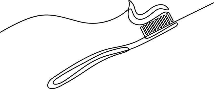 Continuous single line drawing of a toothbrush with toothpaste on it