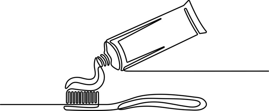 Continuous line drawing of a toothbrush with toothpaste being squeezed from a tube for dental care