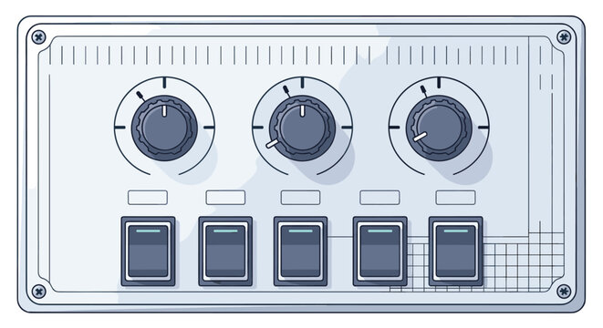 Industrial control panel features three large rotating knobs and five toggle switches on a technical metal dashboard surface.