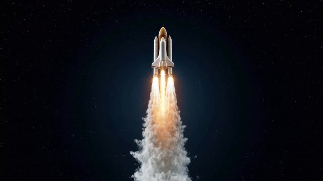 Powerful rocket launching into dark starry night sky with bright flames and thick smoke creating dynamic ascent from ground