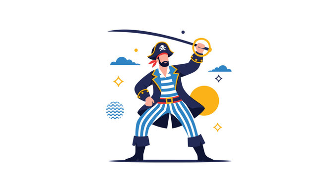 Brave pirate captain holding a sharp sword and wearing a traditional costume standing ready for adventure on white background.