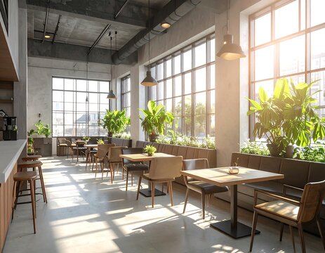 A spacious, modern cafe interior with large windows and plants