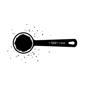 Black silhouette of a measuring spoon filled with dry ingredients showing one tablespoon and fifteen milliliters capacity on a white background