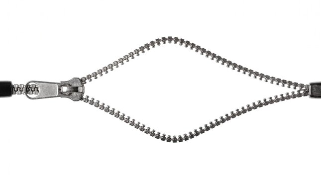 A silver metal zipper partially open, forming a symmetrical diamond shape against a clean white background.