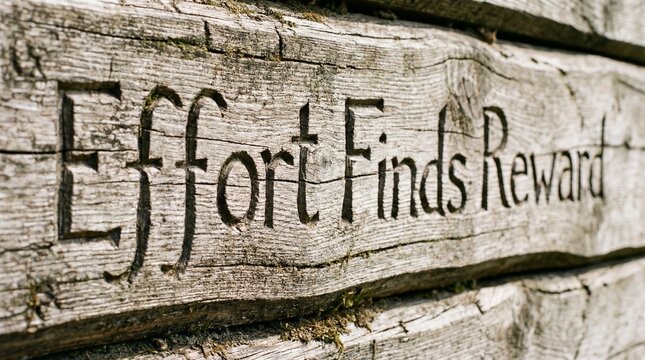 A wooden sign with the phrase Effort Finds Reward carved on it