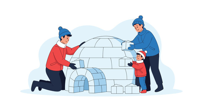 Happy family building a traditional snow igloo together in a winter landscape for seasonal outdoor activity and fun.