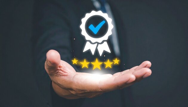 Hand presenting five‑star quality badge symbolizing trust and excellence
