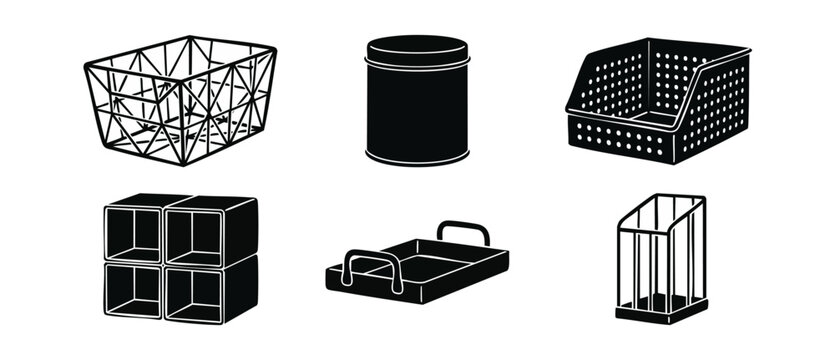 Storage organizer icon set vector black and white containers for home organization and office decluttering, featuring wire basket, metal tin, modular cubby shelf, tray, and desk bin illustrations.