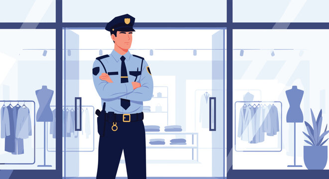 Professional security guard in a blue uniform standing with arms crossed at the entrance of a modern fashion boutique.