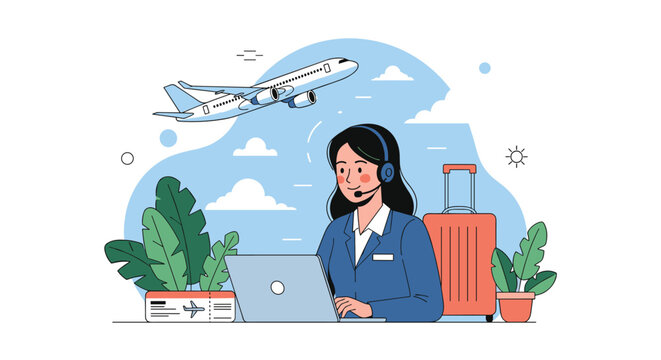 Friendly female travel agent working at her computer with an airplane flying overhead and a suitcase ready for a trip in the background.