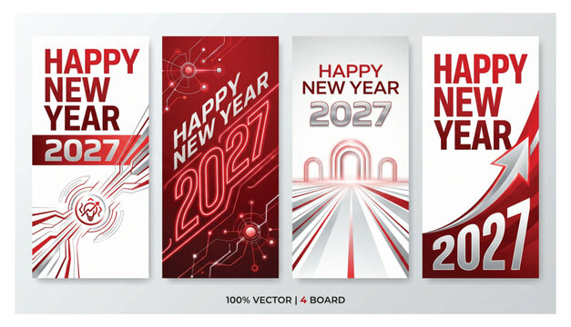 Four piece set of happy new year 2027 vector graphics featuring high tech red and silver circuit patterns and architectural lines for business celebration and future growth concepts, business