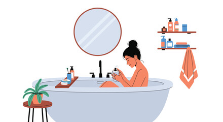 Obraz premium Woman enjoying a relaxing bath in a large white tub filled with soap bubbles in a stylish bathroom with plants and accessories.