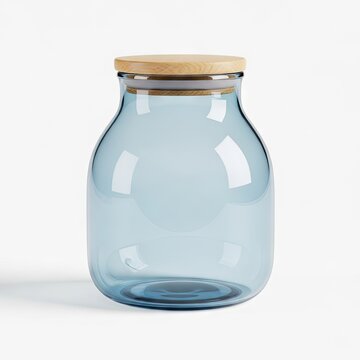 Empty Blue Glass Jar with Wooden Lid on White Background.