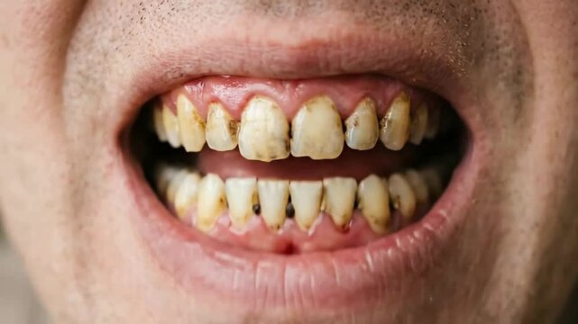 Close-Up of Decayed, Yellowed, and Plaque-Infested Teeth in a Smiling Mouth