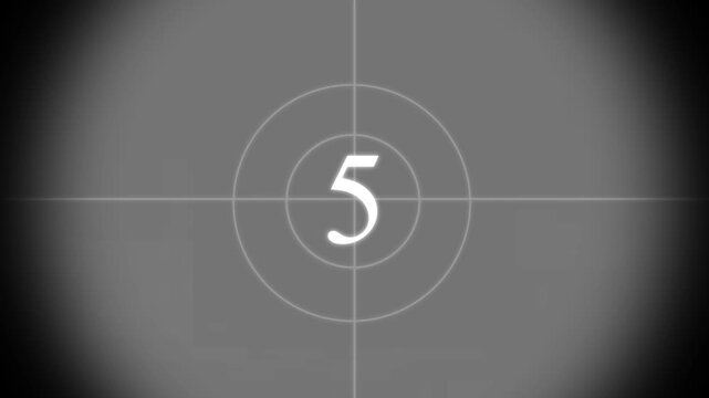 Vintage Film Leader Countdown4K. real time countdown leader graphic counting from 10 to 0 with numerals reverse, vintage style in monochrome color