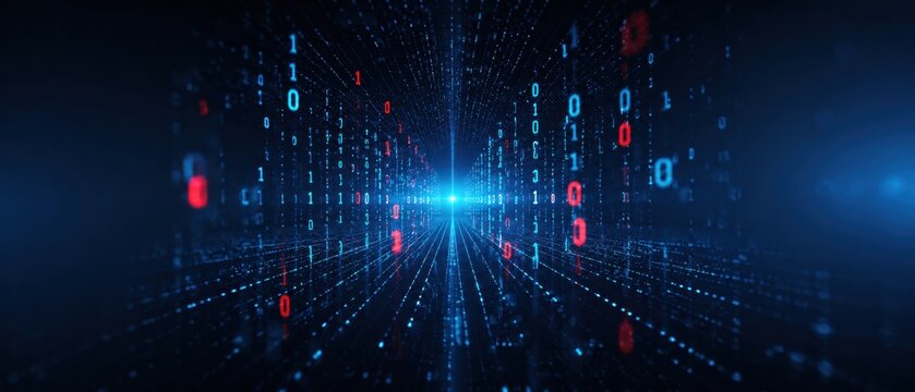 Digital Data Stream with Blue Light and Binary Code on Dark Background.