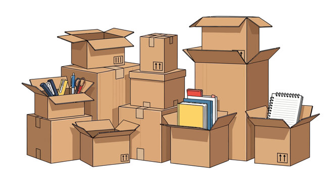 Stacked cardboard boxes with office supplies and transparent background