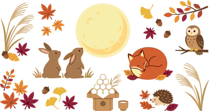 Japanese Tsukimi mid autumn moon viewing festival vector element set featuring cute rabbits dango rice dumplings pampas grass fox hedgehog and owl