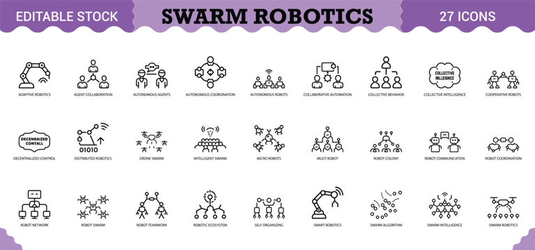 PrintSwarm Robotics Icon Set - 27 Editable Vector Icons for Automation & AI Technology. Features autonomous robots, drone swarms, robot coordination, collective intelligence, adaptive robotics, decent