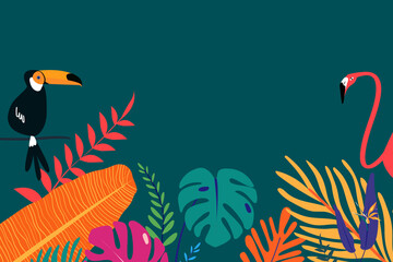 Obraz premium Colorful tropical leaf bird background, green design