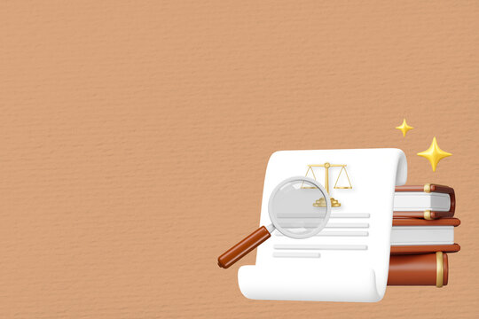 Law background, magnifying glass & parchment, 3D law remix