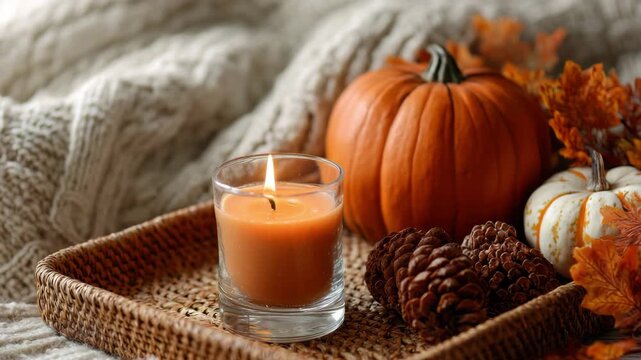 Autumn candle with pumpkins cinnamon and nuts on rustic wooden table background Long-lasting Fall Candle Brands cozy fall mood