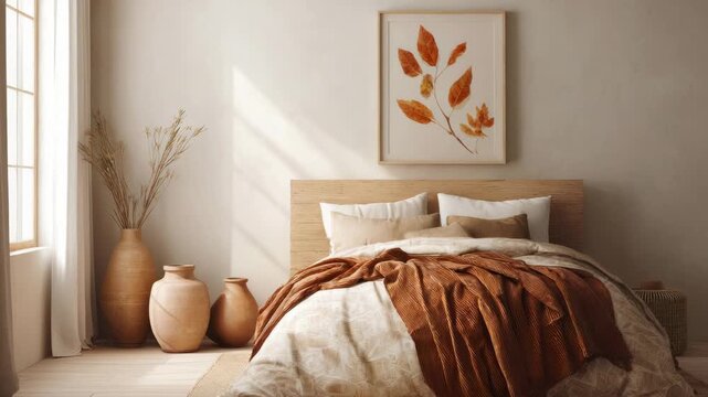Cozy autumn-inspired bedroom with earthy tones and natural textures Luxury Fall Throw Blankets Modern rustic concept with neutral background